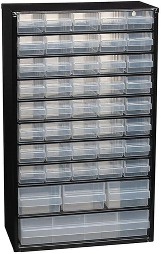 Raaco Steel Storage Cabinet, Tall 44-Drawer, Clear Polypropylene Plastic Drawer – Small Parts Organizer, Screws, Nuts & Bolts, Crafts & Hardware – Tool Cabinet for Workbench & Wall Storage (C11-44)