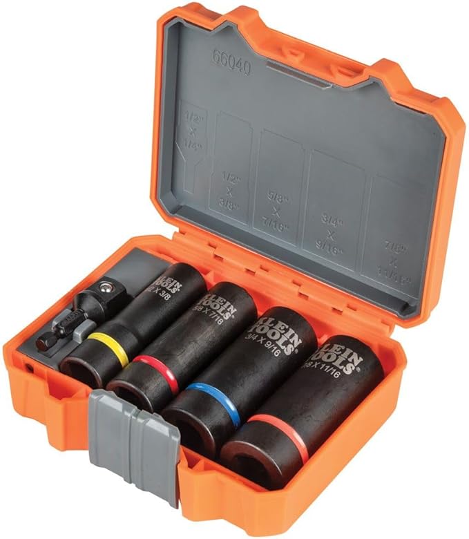 Klein Tools 66011 2-in-1 Impact Socket with 12-Point Deep Sockets, Coaxial Spring Loaded in 1/2- and 3/8-Inch Sizes