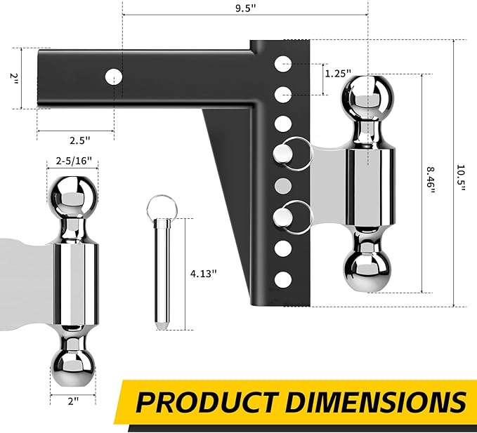 MaxxHaul 70380 Adjustable Dual Ball Mount – 12,000 lb & 8,000 lb Towing Capacity, 6‑1/2" Drop / 7‑1/2" Rise, Dual Hitch Balls (2" & 2‑5/16"), Fits 2" Receiver, Heavy‑Duty All‑Steel Construction