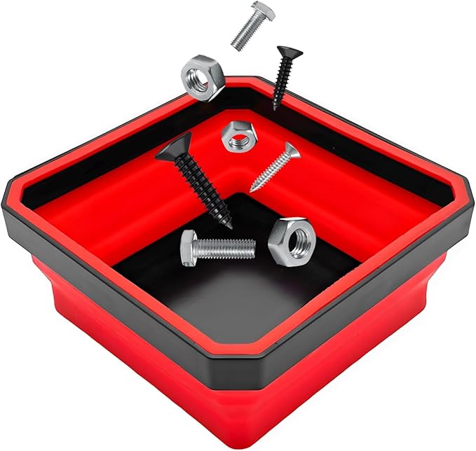 Collapsible Magnetic Parts Tray, 4.5" Square Silicone Tool Tray with Dual-Sided Magnetic Base, Foldable Small Metal Parts Organizer Storage Bowl for Screws Bolts Nuts Washers (Red)