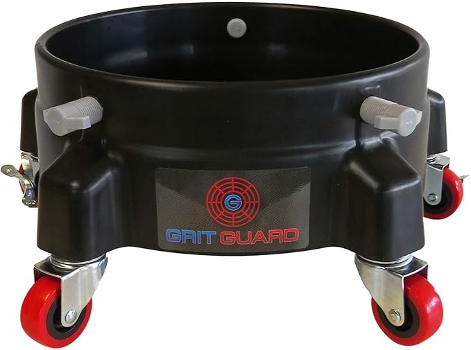 GRIT GUARD Bucket Dolly with Wheels - Rolling Detailing Wash Bucket with 5 Wheels and 2 Locking Casters Compatible with 2.5, 4, 5 and 6 Gallon Buckets (Black, 2" Red Casters)