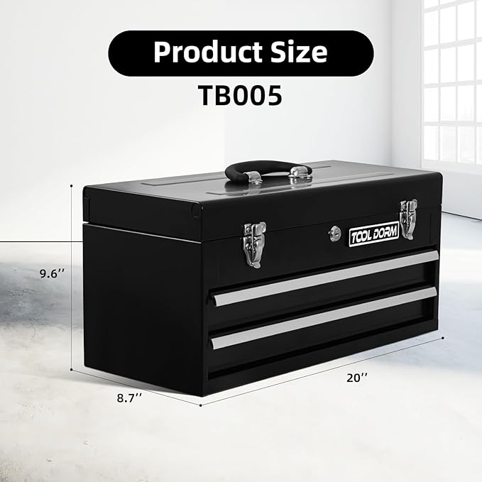 20.3“ Metal Tool Box with Drawer Portable Steel Tool Box with EAV Liner and Latch Closure and Lock for Garage, Home and Warehouse (Black-2 Drawers)