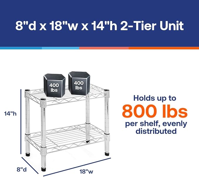 Shelving Inc. 8" d x 18" w Chrome Wire Shelving with 2 Tier Shelves, Weight Capacity 800lbs Per Shelf