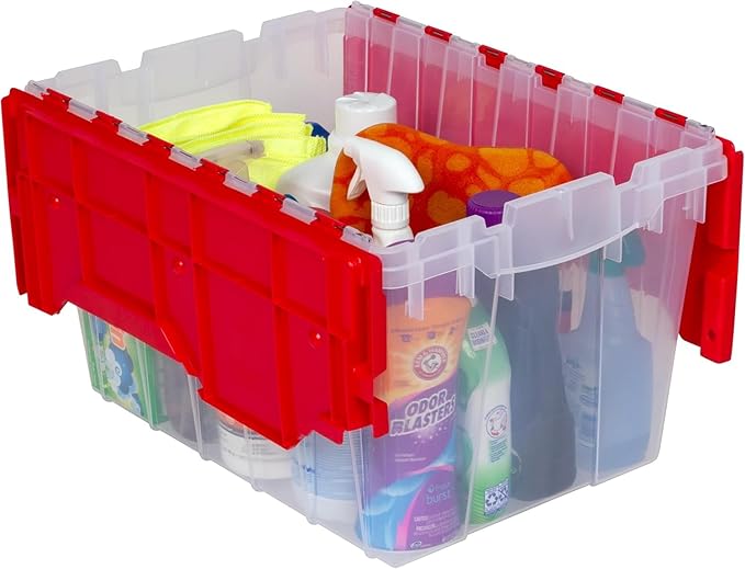 Akro-Mils KeepBox 12 Gallon Storage Container, Nesting and Stackable Plastic Storage Box with Lid Attached, Clear Tote for Garages, Closets, and Moving, 21-1/2" x 15" x 12-1/2", Clear/Red, 6-Pack