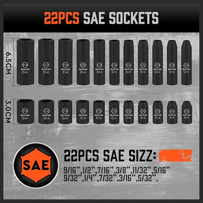 HORUSDY 56-Piece 1/4" Drive Impact Socket Set, Standard SAE (5/32 to 9/16 inch) and Metric (4-15mm) Size, 6 Point, Cr-V, 1/4-Inch Drive Ratchet Wrench, Drive Extension Bar, Impact Universal Joint
