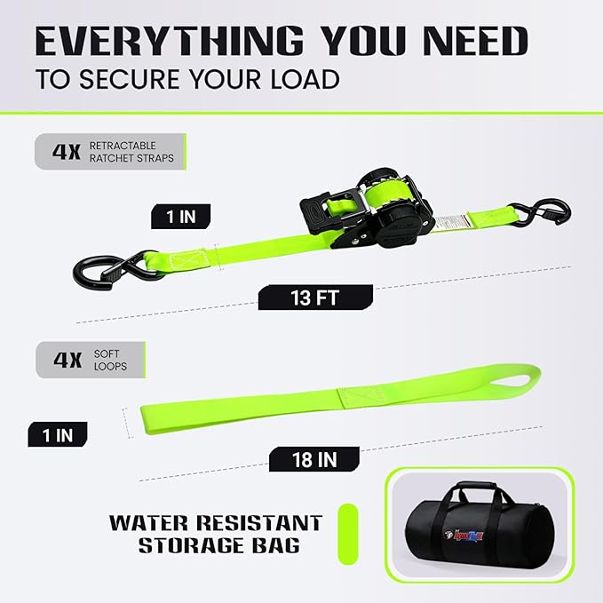 Retractable Ratchet Straps (4-Pack) - Heavy Duty Auto Slow Retraction Tie Down Straps - 1 Inch x 13 Feet (1,800lb Break Strength) for Truck, Cargo Trailer, Motorcycle, ATV, UTV - Green