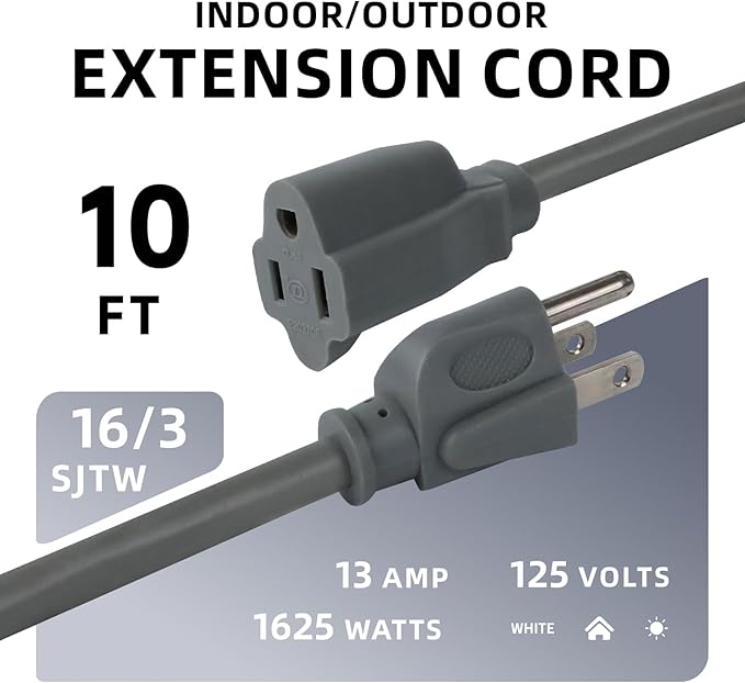 EP 10 Ft Outdoor Extension Cord - 16/3 SJTW Gray Electrical Cable with 3 Prong Grounded Plug