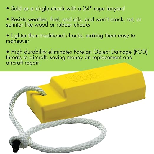 Checkers 12" Airplane Chocks, Aviation Wheel Chocks for Small to Mid-Sized Aircraft, One Tire Chock for Polished Hangar Floors with Rope Lanyard, Durable Lightweight Urethane, Yellow, AC3512-RP-S