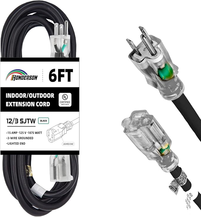 Indoor Outdoor Extension Cord Weatherproof with Lighted End, UL Certified, 12 Gauge 6FT Black 3 Prong Heavy Duty, 12/3 SJTW 15A Power Cord for Outdoor Lights, Lawn