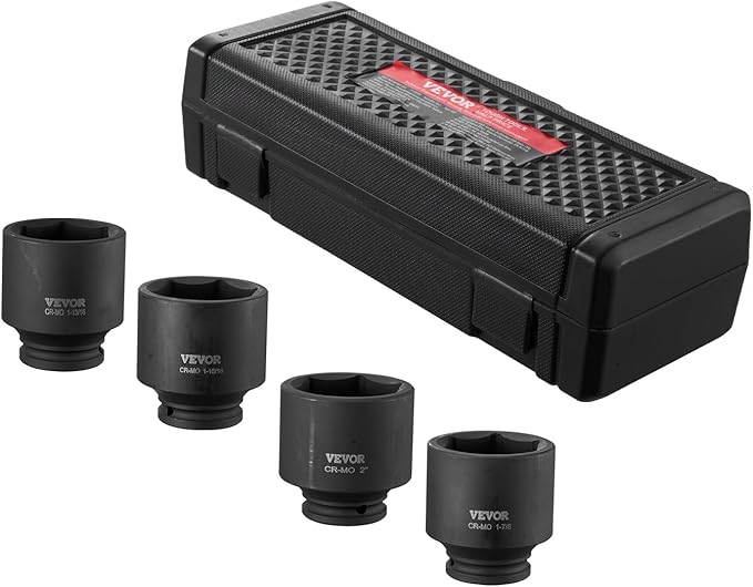 VEVOR Axle Nut Impact Socket Set - 1/2" Drive 6-Point 4-Piece SAE Spindle Nut Socket CR-MO Heat Treated Large Socket Set with Storage Case for Auto Repair, Removing or Installing Axle Nuts