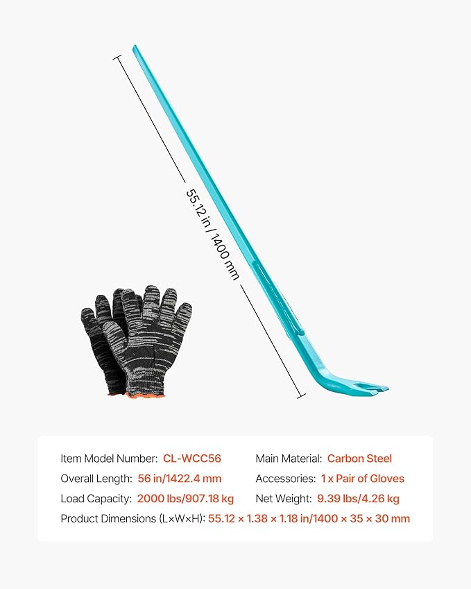 VEVOR Open Angle Monster Pry Bar, 52.5 Inch Carbon Steel Handle, 2000lbs Prying Capacity, Pry Lever Bar, Crowbar for Concrete, Demolition, Crowbaring, Ideal for Construction & Industrial Use