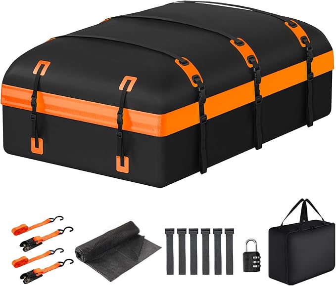 Car Rooftop Cargo Carrier Bag, 30 Cubic Feet Waterproof Soft-Shell Car Roof Bag for All Vehicle with/Without Rack, Include Anti-Slip Mat, Reinforced Straps, Door Hooks Luggage Lock (Orange)