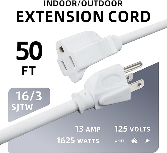 EP 50 Ft Outdoor Extension Cord - 16/3 SJTW White Electrical Cable with 3 Prong Grounded Plug, UL Listed