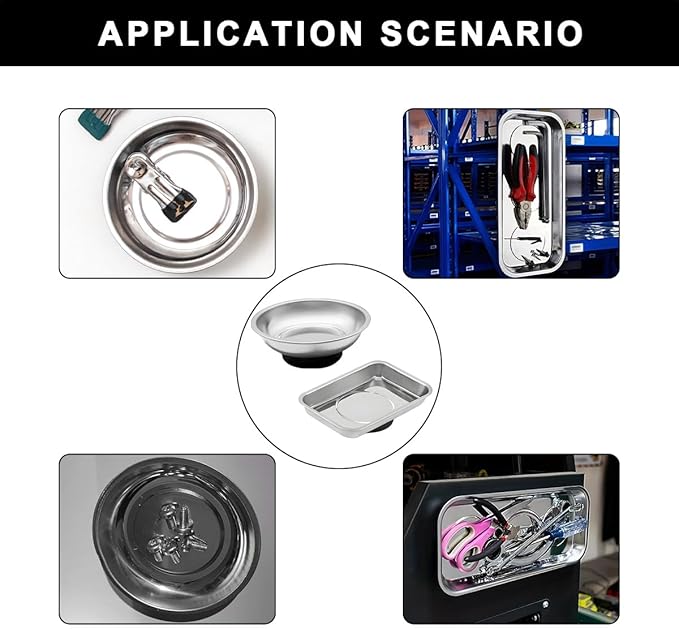 2 PCS Magnetic Parts Tray Set, Stainless Steel 3.6"×2.5" Square and 3" Round Magnetic Trays, Mechanic Tool Tray Holder for Screw, Sockets, Bolts, Nuts, Small Metal Parts
