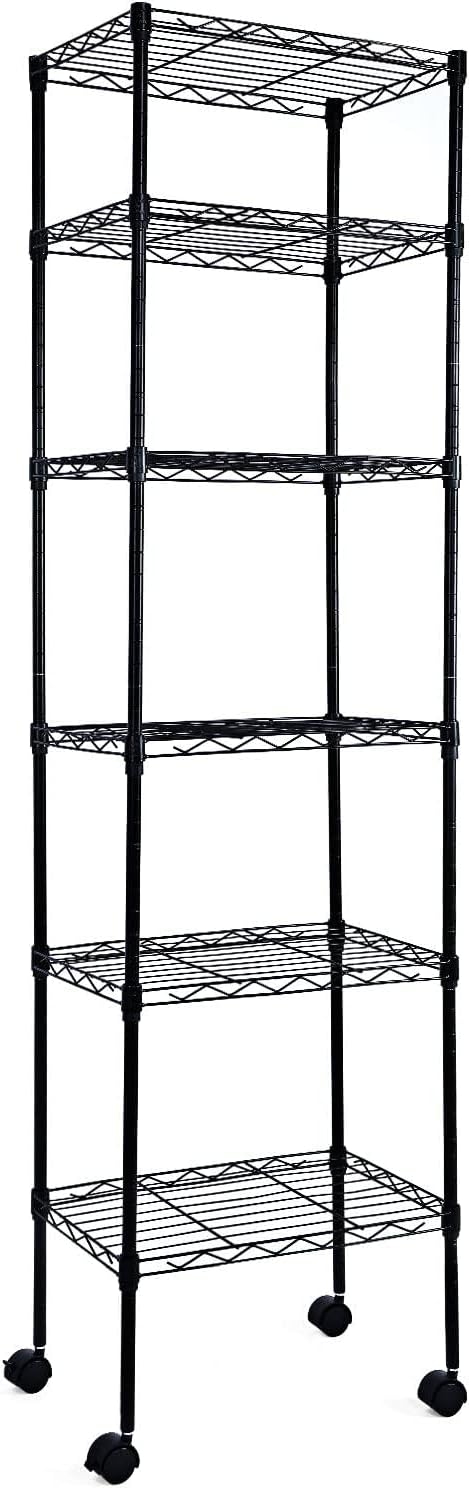 Simple Deluxe 6-Tier Storage Shelves, 17.32" W x 11.42" D x 64.96" H Adjustable Shelving Unit with Wheels and Hanging Hooks, Black