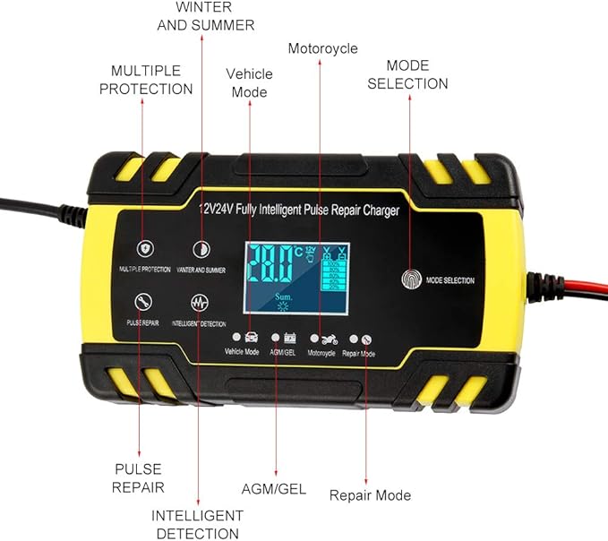 Automatic Smart Battery Charger Car 12V/24V | Pulse Repair Charger with LCD Display | Intelligent Mode Overvoltage Protection Temperature Monitoring for Car, Truck, Motorcycle, Boat, SUV, ATV