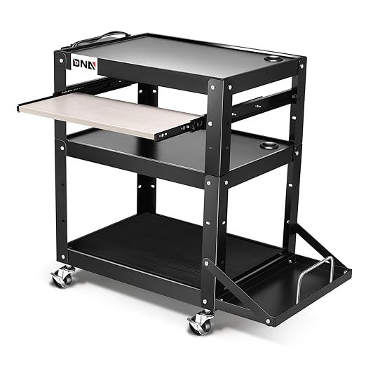 DNA Motoring Steel AV Cart 3-Layer Rolling Projector Utility Cart, 24" X 18" X 20" - 30.5" Height Adjustable, with Wheels, Pullout Keyboard Tray, Power Strip, Cord Management, TOOLS-00495