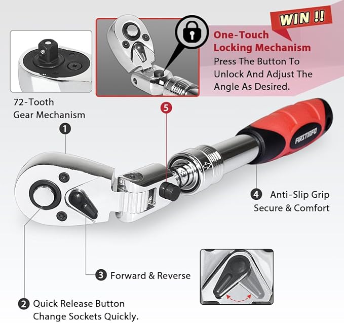 FIRSTINFO F3222NC 3/8-Inch Drive Locking & Flexible Extendable Ratchet Wrench Reversible, Soft-Grip with 72-Tooth Geared Action (Length: 10.2 to 14.1 inches)