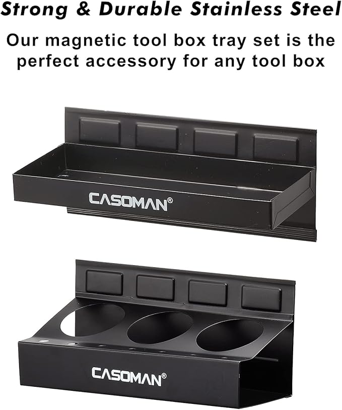 CASOMAN Magnetic Toolbox Shelf, Tray, Paper Towel Holder, 4-Piece Set, Black, Variety of Use, Durable, Magnets Any Metal Surface