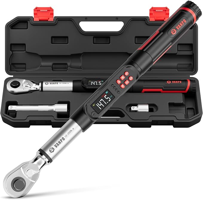 VANPO 1/2-Inch Digital Torque Wrench, 7.38–147.5 ft-lb/10–200 Nm, ±2% Accuracy, Electronic Torque Wrench with LCD Display, Audible & Vibration Alert, Easy Battery Access, for Automotive Maintenance