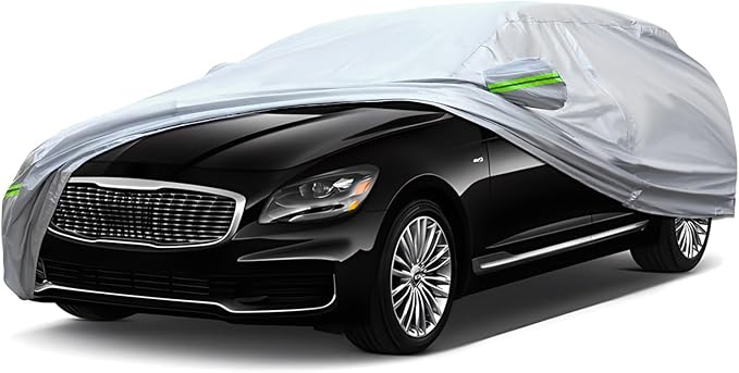 Full Car Cover Universal 6 Layers Outdoor Thicked All Weather Cover, Sunshield, Waterproof, Snow Proof, UV Proof, Scratch Proof, Bird Droppings, 6 Reflective Strips, Fits Sedans up 205"-216"