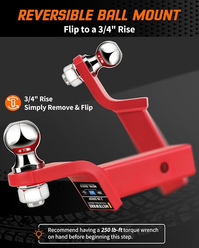 METOWARE Trailer Hitch Ball Mount, 2" Drop Hitch with 2" Ball, 6,000 lbs GTW Fits 2" Receiver for Truck SUV Boat RV, Solid Steel Towing Kit with Hitch Pin & Clip, Matte Victory Red