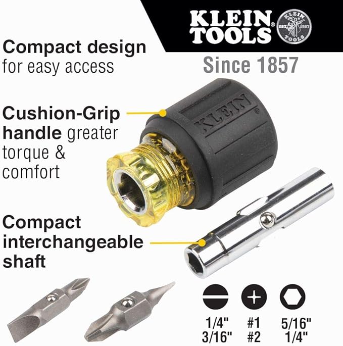 Klein Tools 65200 Ratchet Set, 5-Piece Mini Ratchet Set with Phillips, Slotted & 32561 Multi-Bit Screwdriver/Nut Driver, 6-in-1 Stubby Screwdriver with 2 Phillips, 2 Slotted Bits, 2 Nut Drivers