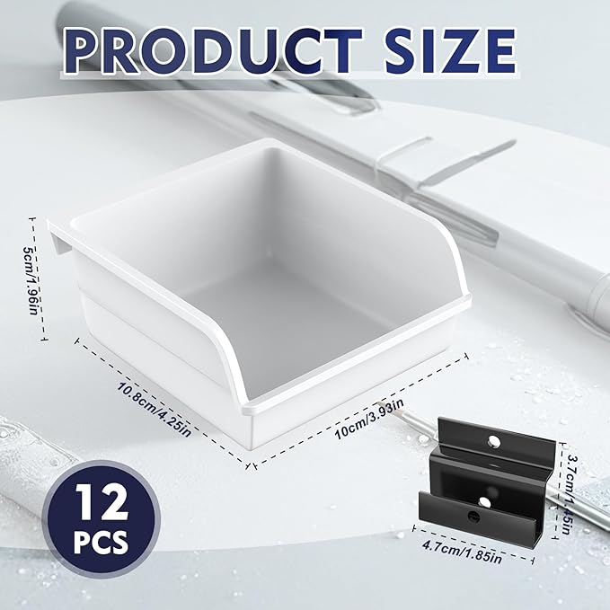 Slatwall Bins with Hooks Plastic Slatwall Organizer Slatwall Containers Workbench Bins for Slat Wall Organizing Hardware, Garage, Craft Room, Tool Shed, Hobby Supplies (12, White)