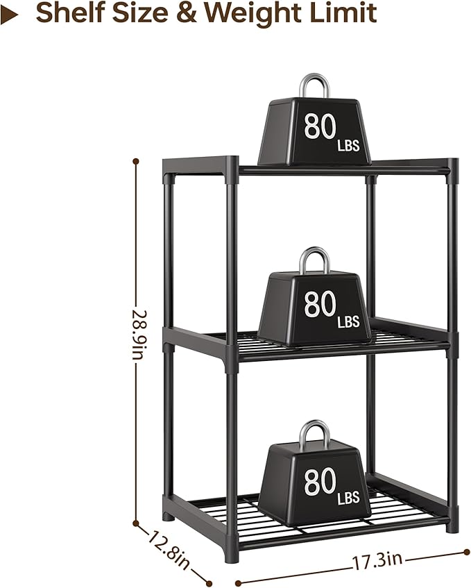 3-Tier Storage Shelves with Plastic Connectors – Metal Shelf Organizer for Pantry, Closet & Bathroom, Space-Saving Sturdy Shelving Unit Rack, Black, 17.3" x 12.8" x 28.9"