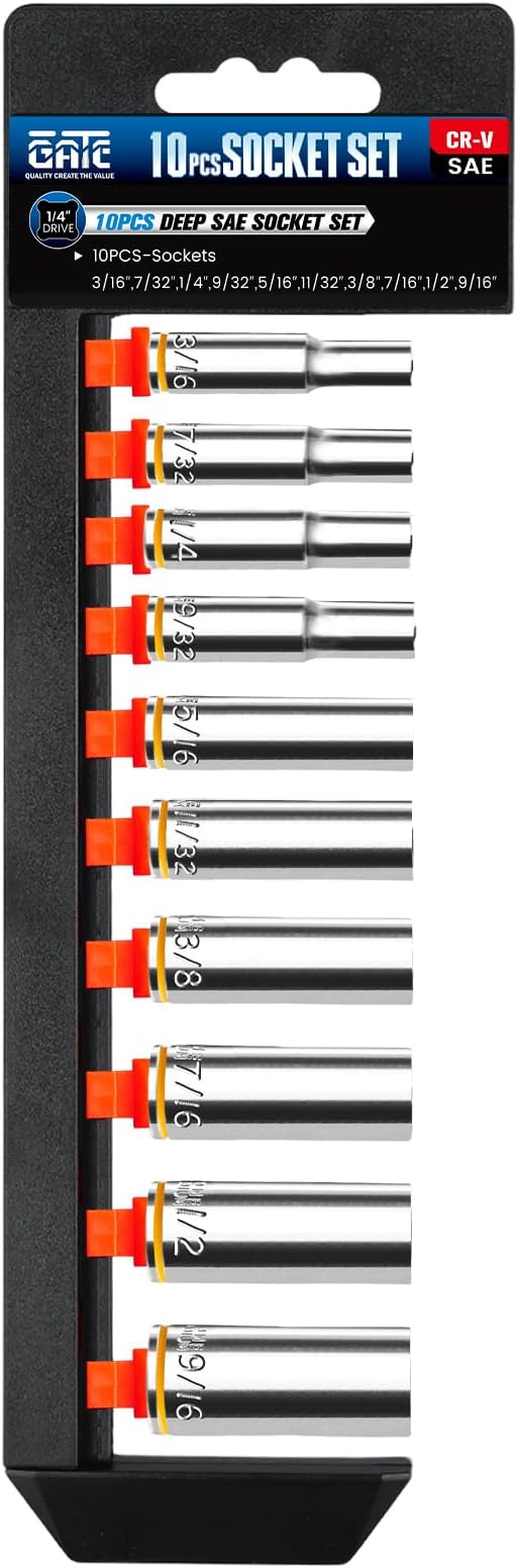10PCS 1/4” Drive Deep Socket Set, SAE (3/16"-9/16"), 6-Point, Cr-V Steel, Chrome Plated Socket With Hanging Bracket, Cover Most Commonly Sizes