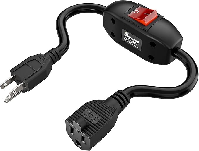 Inline On/Off Switch Extension Cord, Plugrand 3-Prong Household Switchable Power Cords, Heavy Duty 15A 125V, Double Break Switch Extension Cable, 40CM Cord