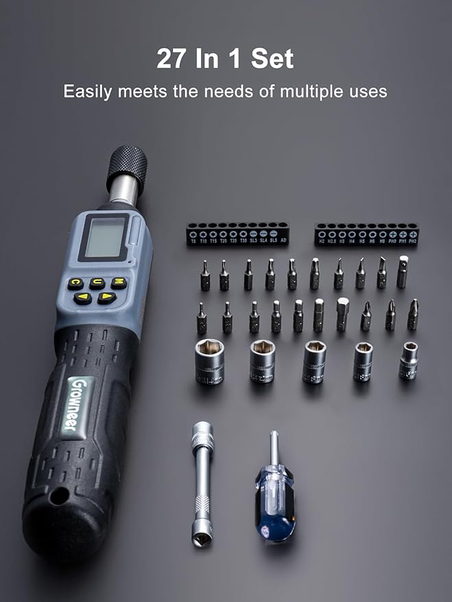 GROWNEER Digital Torque Screwdriver, 2.66-53.1 In-lb/0.3-6 Nm, 1/4'' Drive Inch Pound Torque Screwdriver Electrician with Buzzer & LED Indicator, 27 In 1 Torque Wrench Screwdriver Set, Black