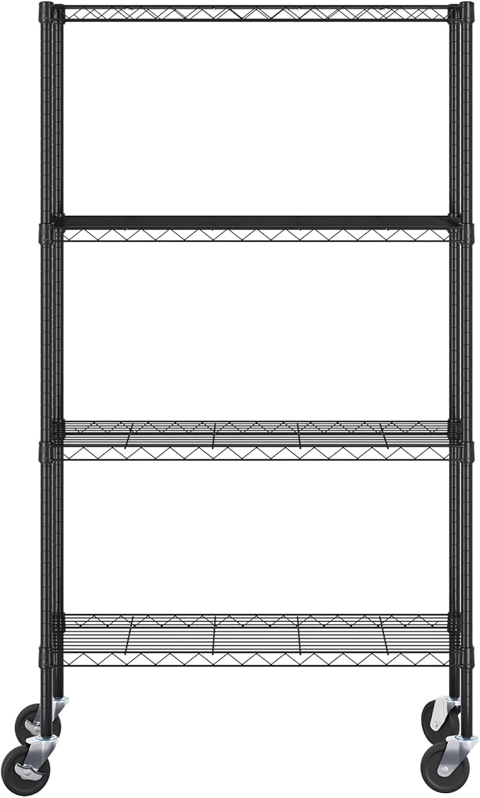 Furinno Wayar 4-Tier Metal Storage Shelf Rack Cart with Casters, 36 x 14 x 58, Black