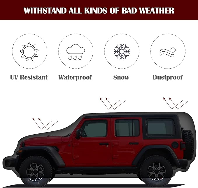Waterproof Car Cover for Jeep Wrangler 4 Door 2006-2026 JK JL Outdoor Waterproof Sun Rain Snow Hail Protection with Driver Door Zipper