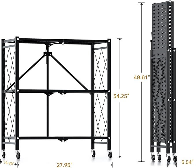 Simple Deluxe 3-Tier Folding Storage Shelves, 27.95" W x 14.96" D x 34.25" H Foldable Shelving Unit, 750 Lbs Loading Capacity, Black