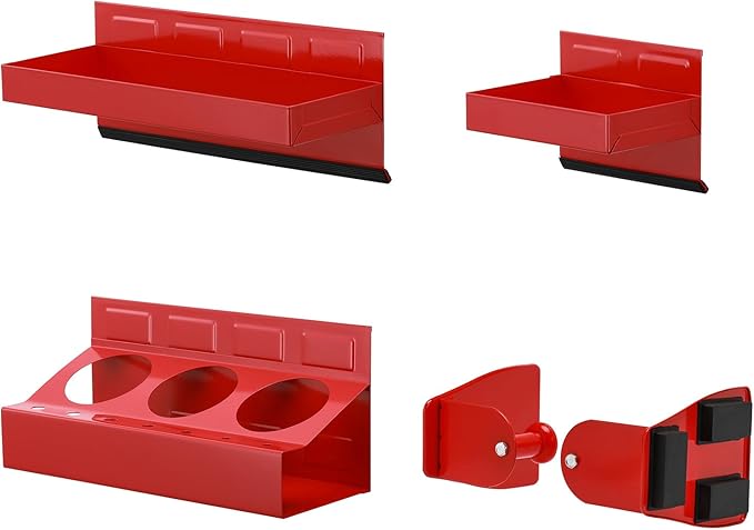 Mayouko Magnetic Toolbox Shelf & Tray Set, 4-Piece Tool Box Cabinet Side Shelf Storage, Workshop, Spray Can & Tissue Holder, Red