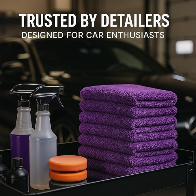 Paks - Edgeless Microfiber Towels 4-Pack - Car Detailing Wash Cloths for Cleaning - 16x16 Car Drying Towel - Lint Free Auto Rags for Polishing & Buffing - Purple & Grey Cleaning Supplies