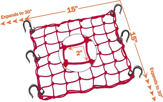 Cargo Net 15"x15" Stretches to 30"x30" with Thicken Hooks | Natural Latex Core, Tight 2”x2” Mesh Small Heavy Duty Bungee Net for Motorcycle Helmet, Bike, ATV, UTV, Luggage (Red, 1 Pack)