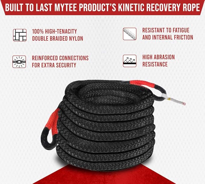 Mytee Products 7/8" x30' Kinetic Recovery Rope w/Velcro Strap & Tote Bag - 28,600 LBS Red & Black - Heavy Duty Kinetic Energy Tow Rope - Offroad Snatch Strap for Truck, SUV, UTV, ATV, Car, Tractor