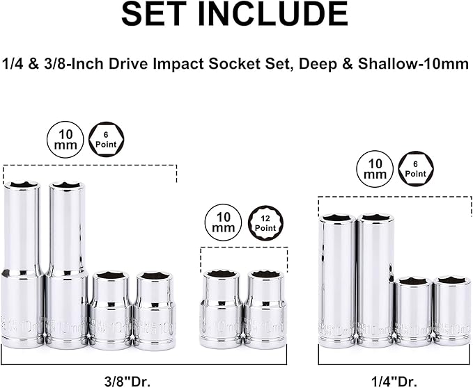 CASOMAN 10Piece Impact Socket Set, 1/4" & 3/8" Drive, Deep & Shallow, 10mm, Metric, Mirror Chrome Finish