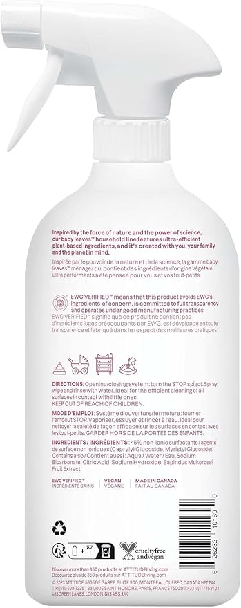ATTITUDE Baby & Kids Toy Cleaner Spray, EWG Verified, Multi-Surface Cleaner for Toys, High Chairs & Play Areas, Naturally Derived, Vegan, Unscented, 27.1 Fl Oz