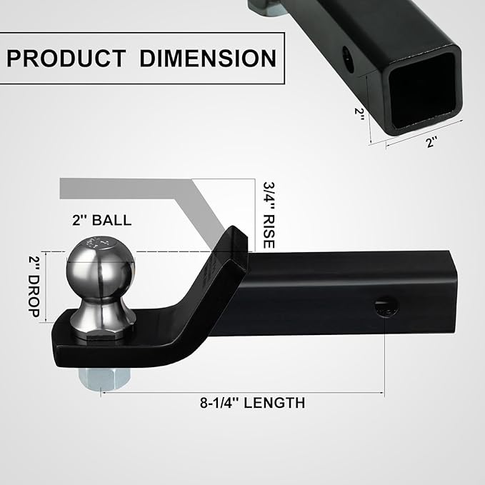 TOPSHINE Trailer Hitch Ball Mount with 2 in Ball & Hitch Pin, Heavy Duty Steel Fits 2 Inch Receiver, 7500lbs Capacity, 2-in Drop, 3pcs Hitch Receiver Silencer Pad Included, Black