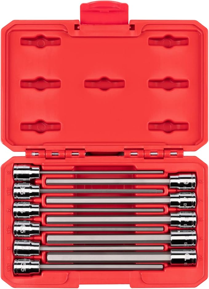 TEKTON 3/8 Inch Drive Long Hex Bit Socket Set with Case, 11-Piece (3-10 mm) | SHB91314