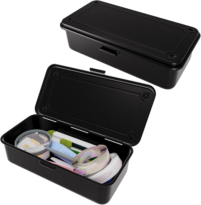 Small Metal Tool Box with Latch, Mini Steel Toolbox Storage Box, Portable Tin Box with Lid for Tools, Car, Workshop & Crafts 7.9" (Black)
