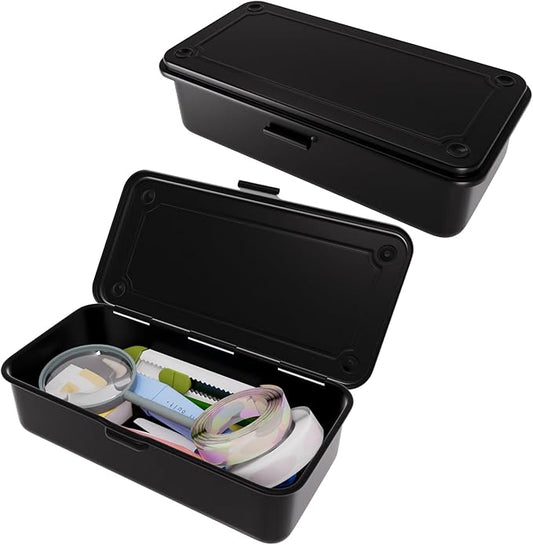 Small Metal Tool Box with Latch, Mini Steel Toolbox Storage Box, Portable Tin Box with Lid for Tools, Car, Workshop & Crafts 7.9" (Black)