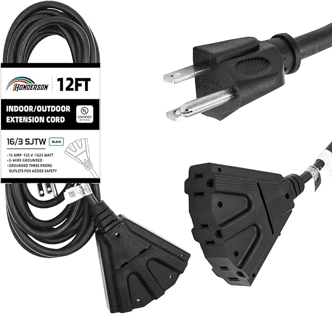 3-Outlets Indoor Outdoor Extension Cord Weatherproof, UL Certified, 16 Gauge 12FT Black 3 Prong Heavy Duty, 16/3 SJTW 13A Power Cord