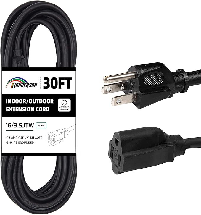 30FT Outdoor Extension Cord-16/3 SJTW Durable Black Extension Cord for Christmas Lights with 3 Prong Grounded Plug for Safety,Great for Outside Christmas Decorations
