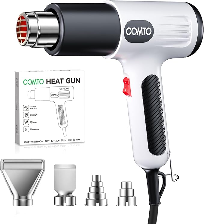 1600W Heat Gun, Hot Air Gun with 2 Temp Settings, 4 Nozzles, Overheat Protection, for Shrink Tubing, Shrink Wrap, Crafting, Resin, and DIY Projects - White