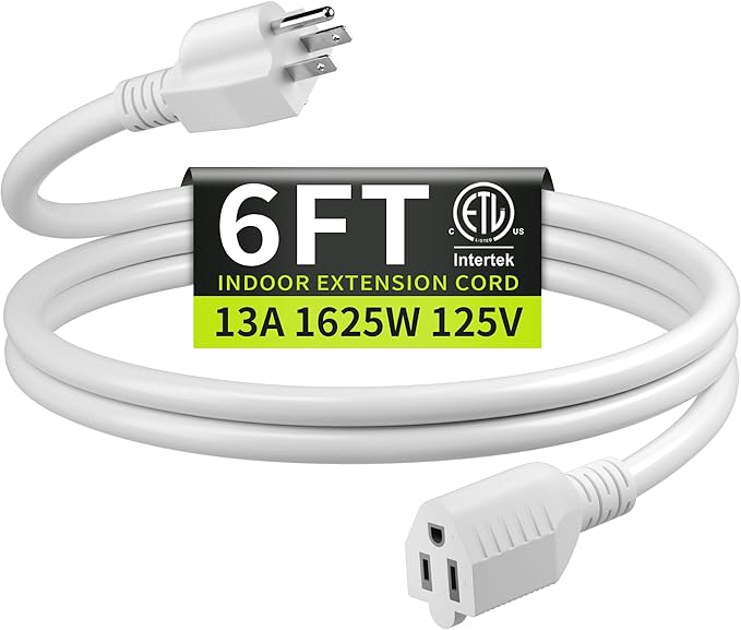 16/3 White Extension Cord 6 FT, Indoor Extension Cord for Laptops, Coffee Makers, Office Home Appliances, 3 Prong Resistant Cable Flexible, 13A 125V 1625W ETL Listed
