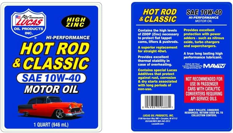 Lucas Oil 10688 Hot Rod & Classic Car SAE 10W-40 Motor Oil - 1 Quart (Pack of 6)